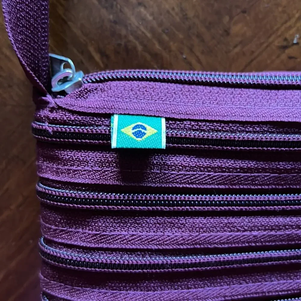 Maroon Continuous Zipper Crossbody Bag Purse with Brazilian Flag Tag